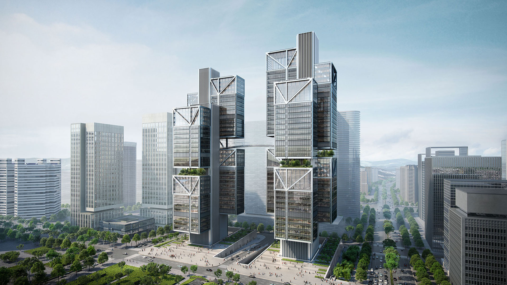 Dos rascacielos con volúmenes en suspensión, China