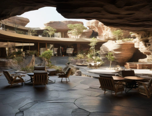 Hotel resort insertado entre rocas en Arabia Saudita