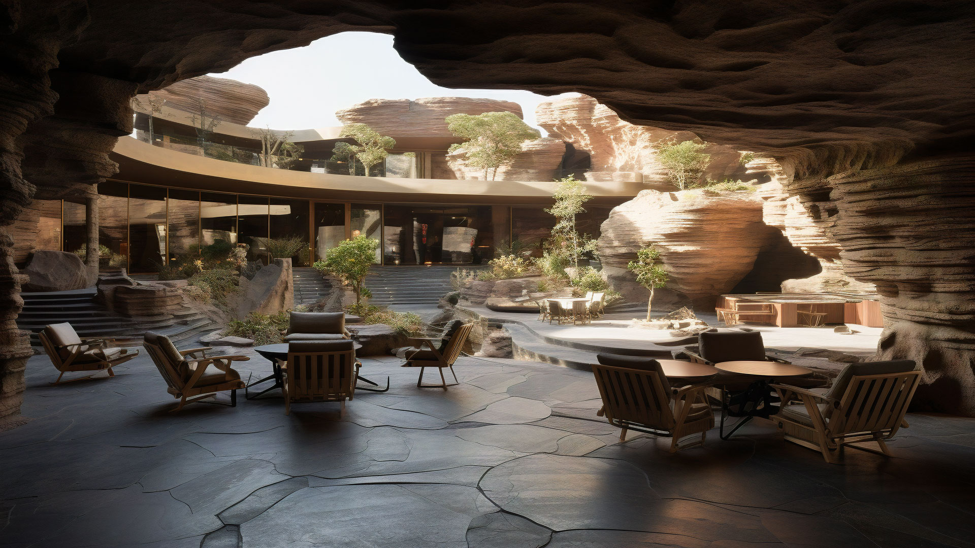 Hotel resort insertado entre rocas en Arabia Saudita