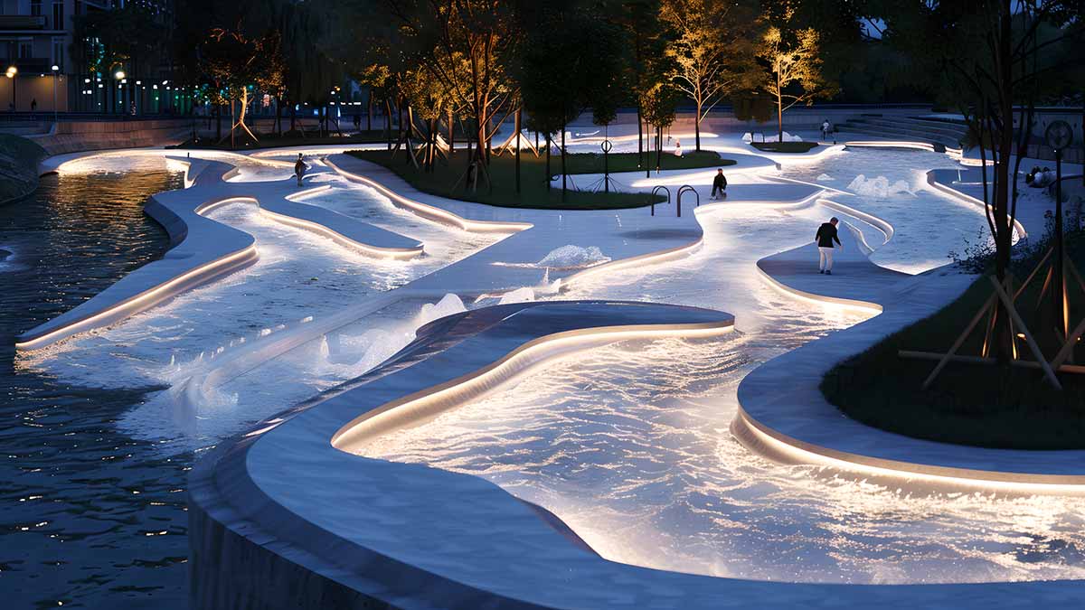 Diseño: parque público con circuito de aguas bravas