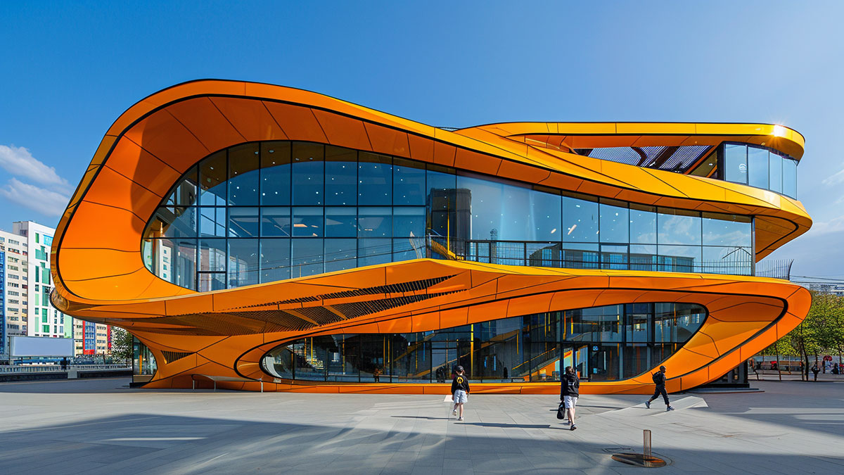 Color naranja y fluidez para la arquitectura de una biblioteca