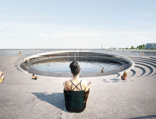 Piscina urbana circular sobre el estuario del río Tajo, Lisboa, Portugal