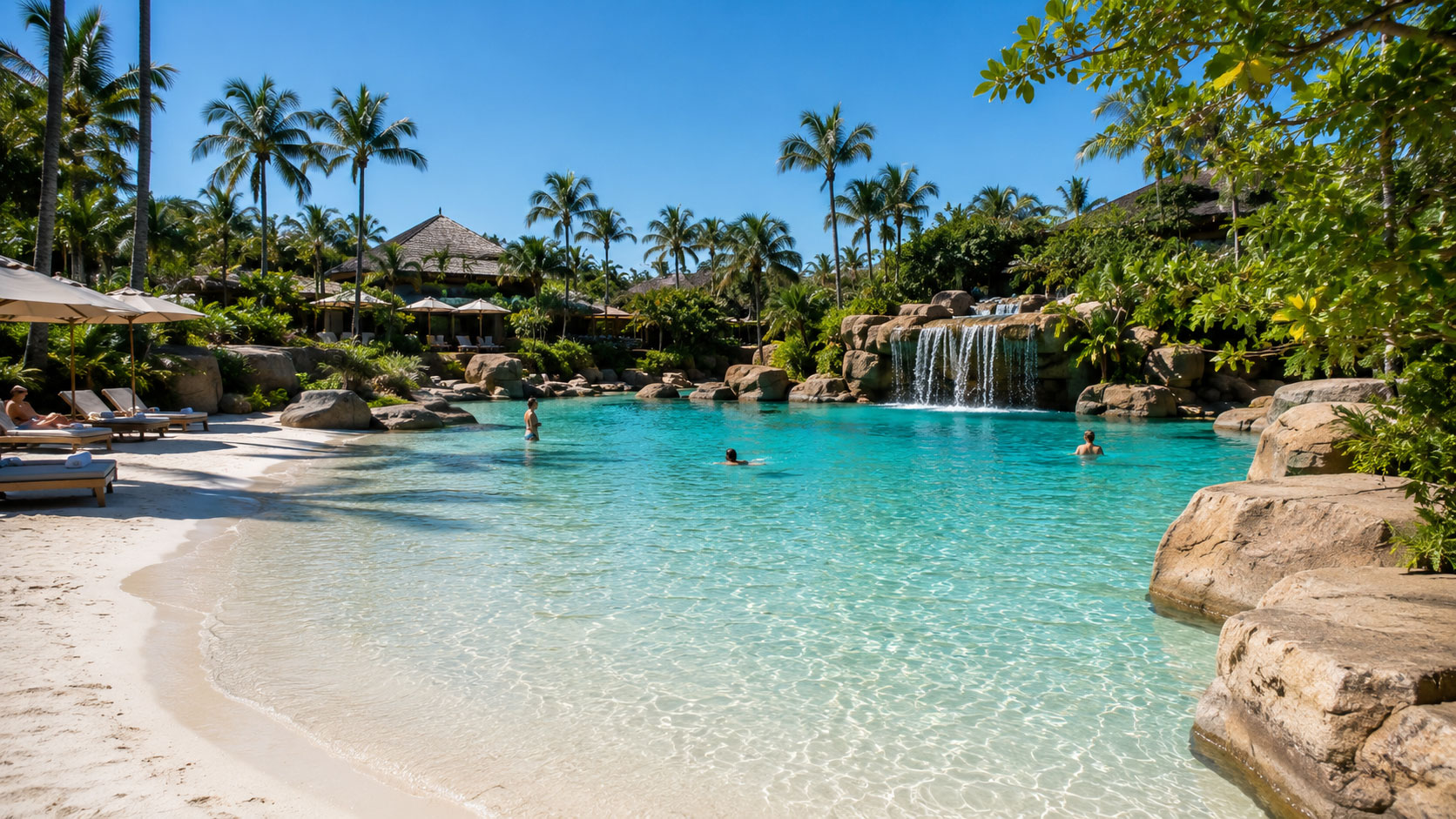 Playa de arena blanca junto a una cascada.